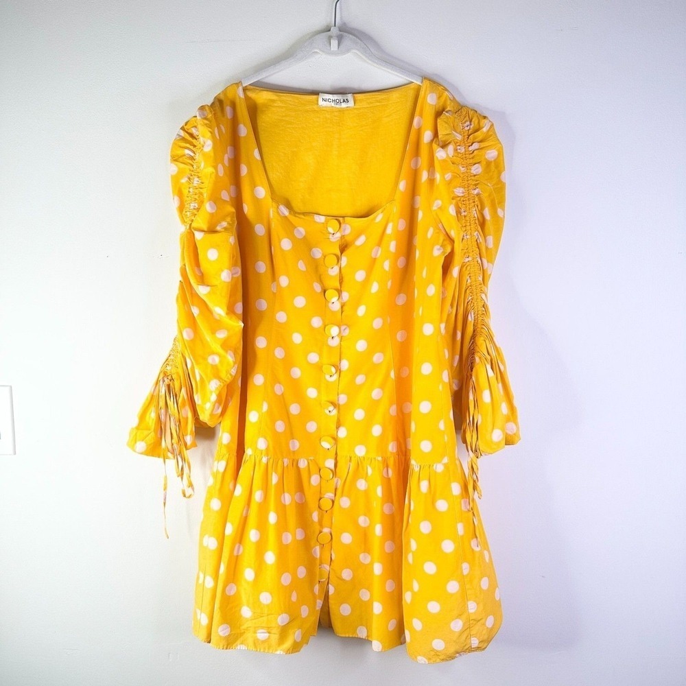 Nicholas Dress Women 16 Yellow Polkadot Ruched Cottage Mini Boho Retro Mod NWOT